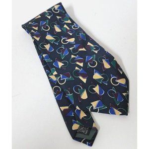 Bardelli Roma 100% Silk Mens Tie Necktie Navy Gold Green Geometric HANDMADE EUC